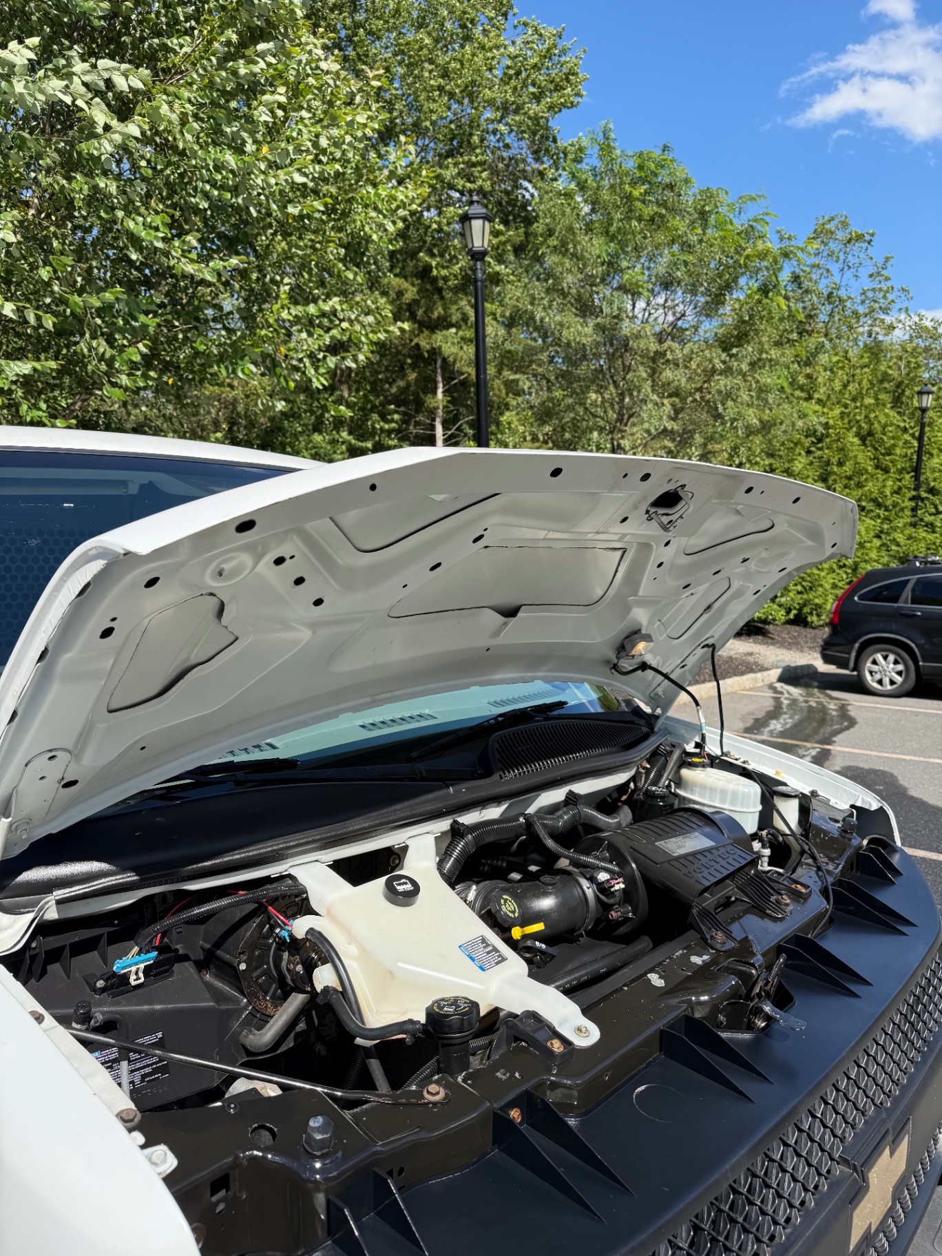 Chevy Express engine bay spotless after deep cleaning detail